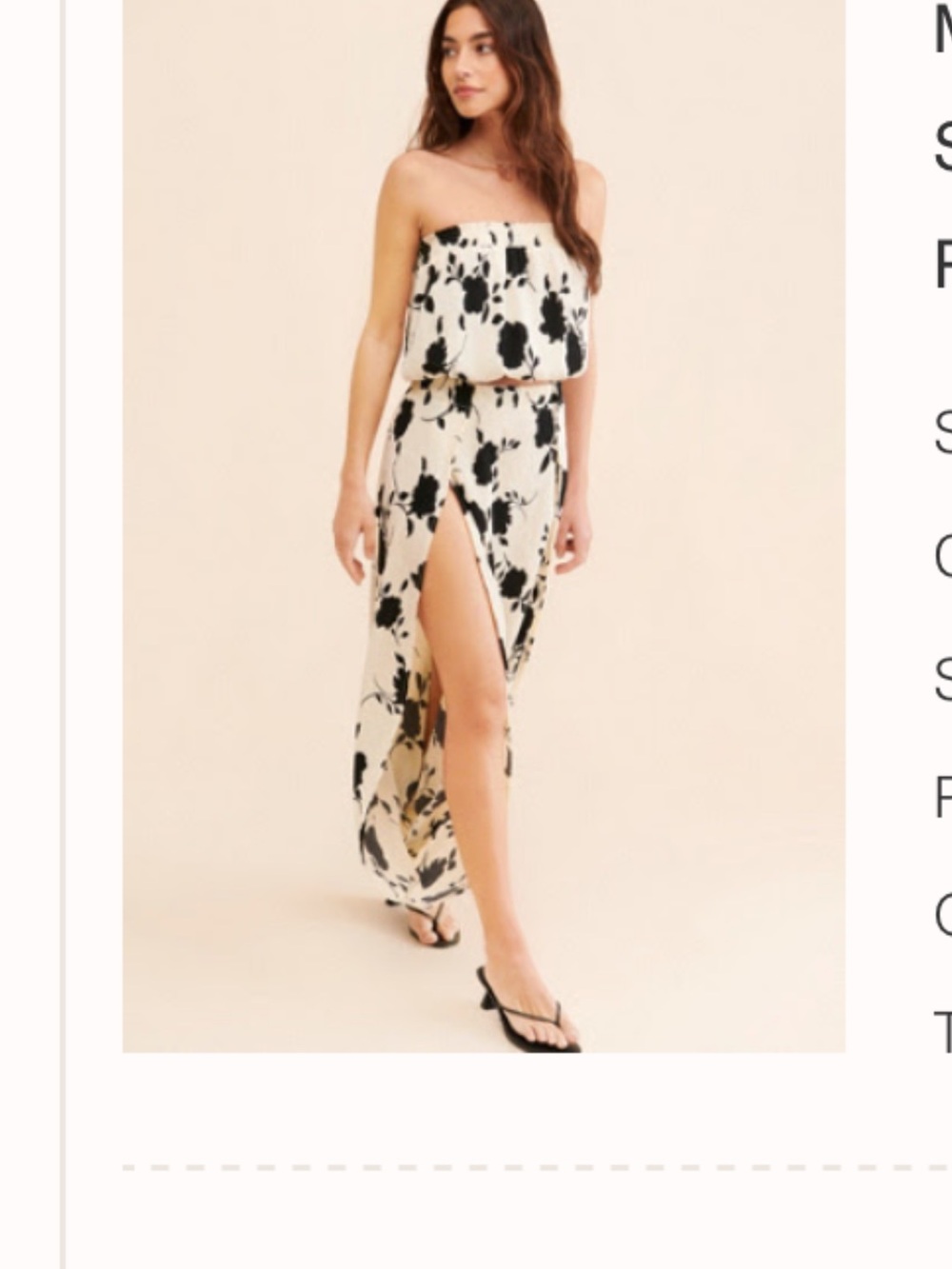 Strapless Muche &Muchette Cream & Black Floral top and slit pants set.